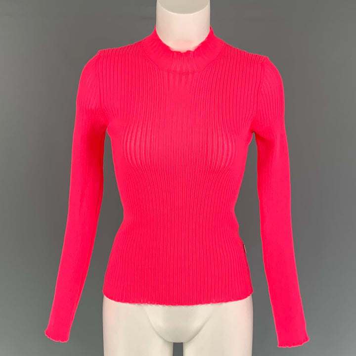 MSGM Size L Pink Polyester Ribbed Mock Neck Pullover