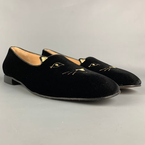 CHARLOTTE OLYMPIA Size 11 Black & Gold Embroidery Velvet Slip On Loafers