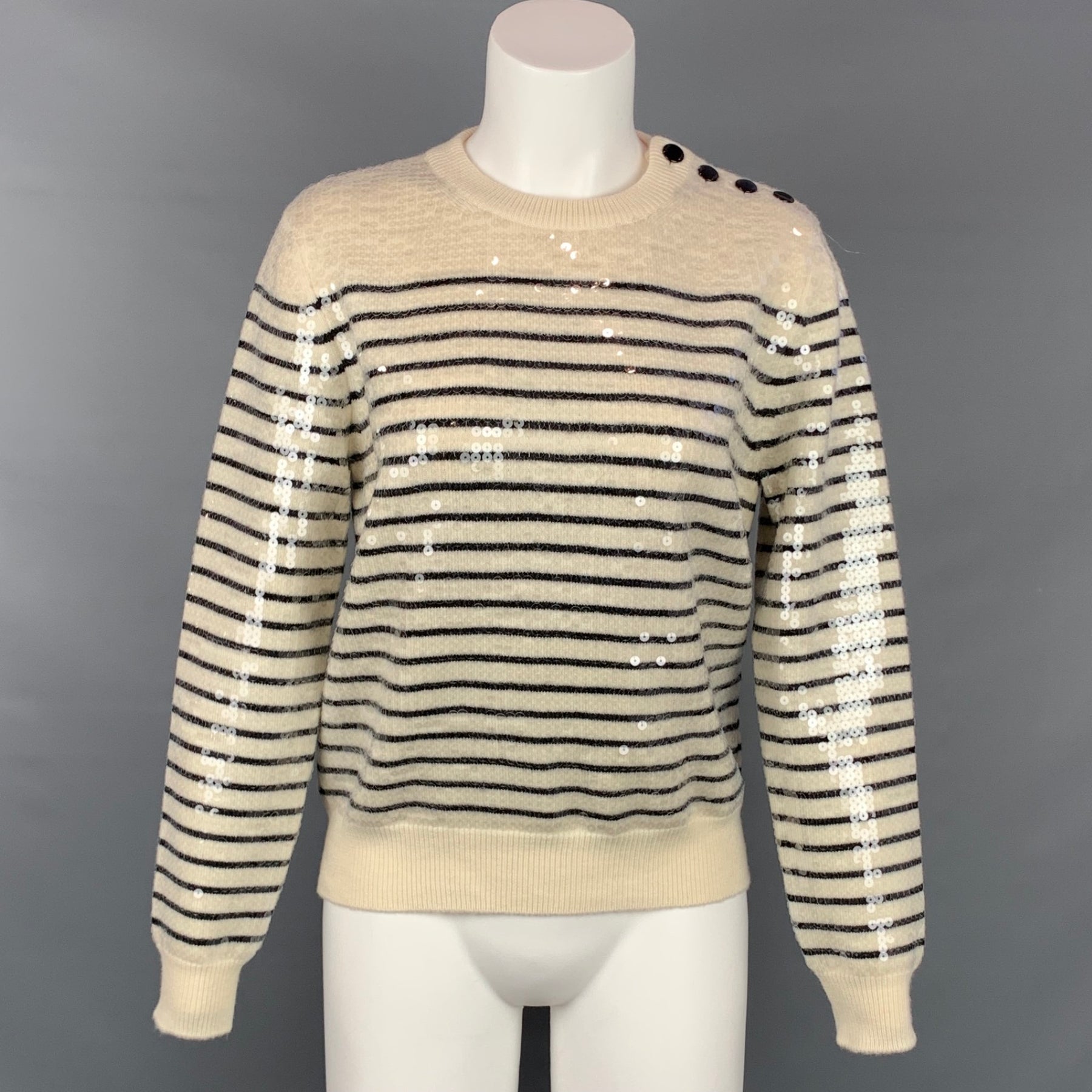 CELINE Size S Cream Sequined Striped Wool Marin Sweater – Sui
