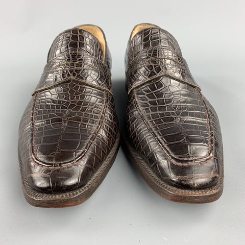 GRAVATI for WILKES BASHFORD Size 8.5 Brown Textured Crocodile Penny Loafers