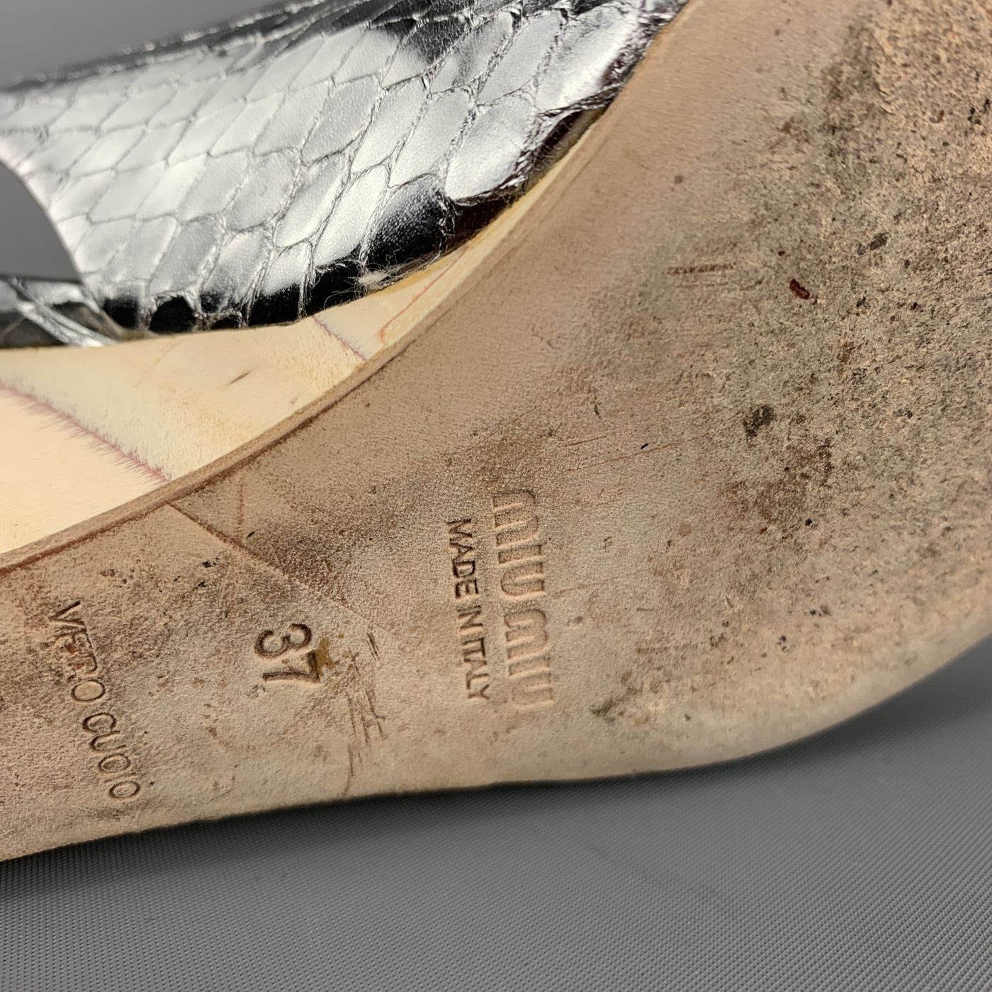 MIU MIU Size 7 Silver Snake Skin Peep Toe Slingback Wedge Sandals