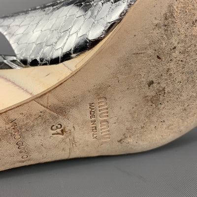 MIU MIU Size 7 Silver Snake Skin Peep Toe Slingback Wedge Sandals