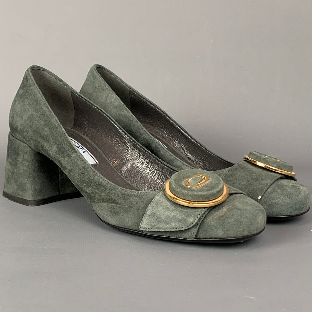 PRADA Size 7 Grey & Gold Suede Chunky Heel Pumps