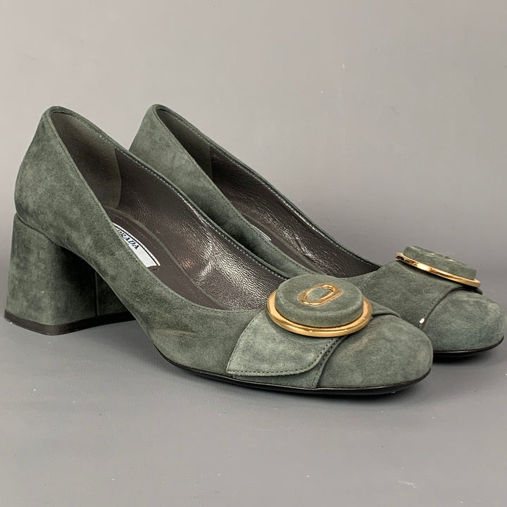 PRADA Size 7 Grey & Gold Suede Chunky Heel Pumps
