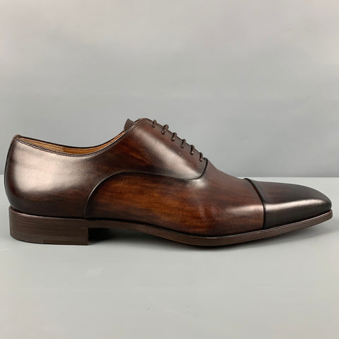 MAGNANNI Size 10 Brown Burnished Leather Cap Toe Lace Up Shoes