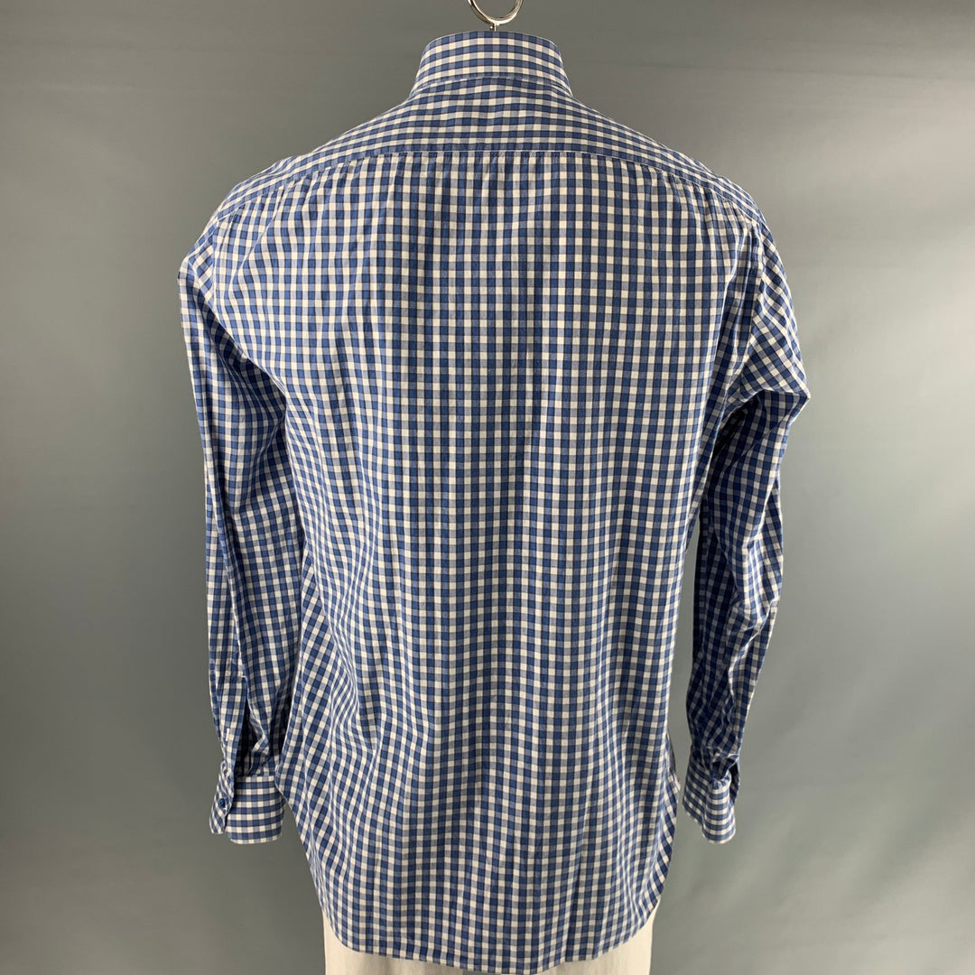 ISAIA Size XL Blue White Checkered Cotton Long Sleeve Shirt