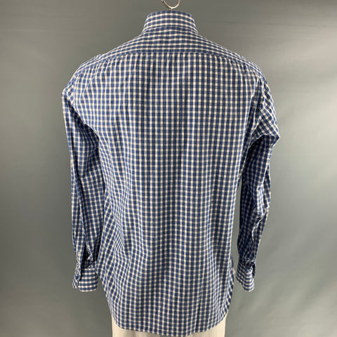 Camisa ISAIA Talla XL Manga Larga Algodón Cuadros Azul Blanco