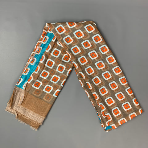 IKE BEHAR Brown & Blue Orange Square Print Cotton Scarf