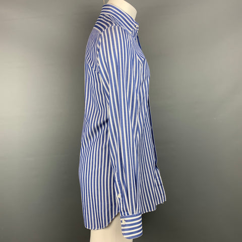 FINAMORE Size M Blue Stripe Cotton Button Down Long Sleeve Shirt