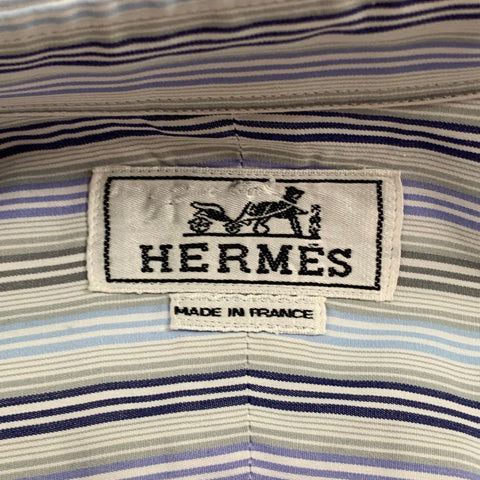 HERMES Size S Grey Blue Stripe Button Up Long Sleeve Shirt