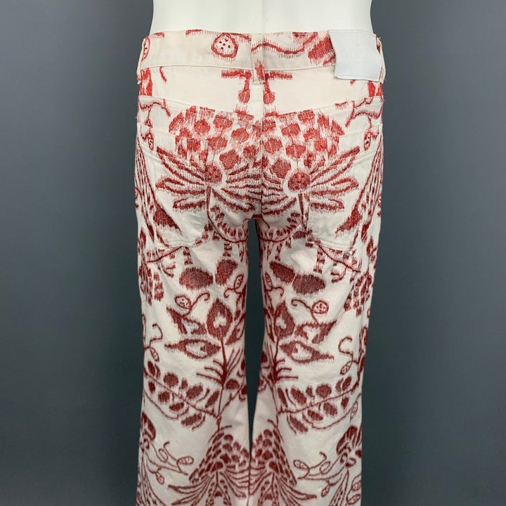 GUCCI by TOM FORD S/S 2000 Size 34 White & Red Embroidery Cotton 34 Bell Bottom Jeans