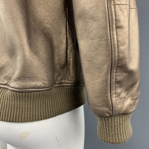 KENNETH COLE 42 Gold Metallic Leather Zip Up Vintage Bomber Style Jacket
