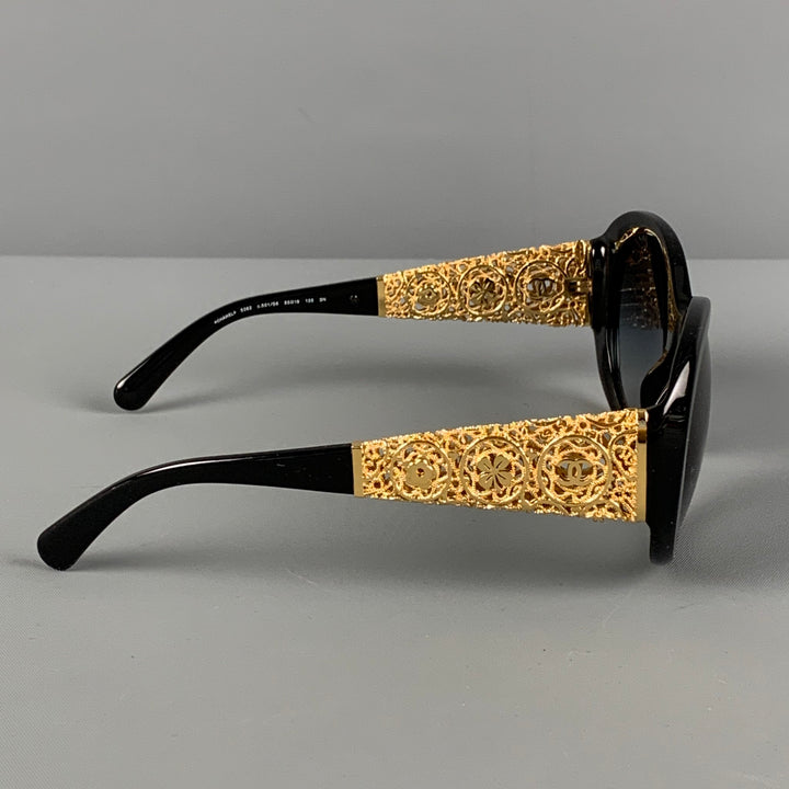 CHANEL Black Gold Metallic Acetate Camellia Bijou Sunglasses