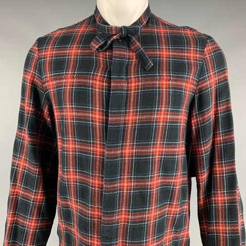 GUCCI Size M Black Red Blue Plaid Cotton Bow Long Sleeve Shirt