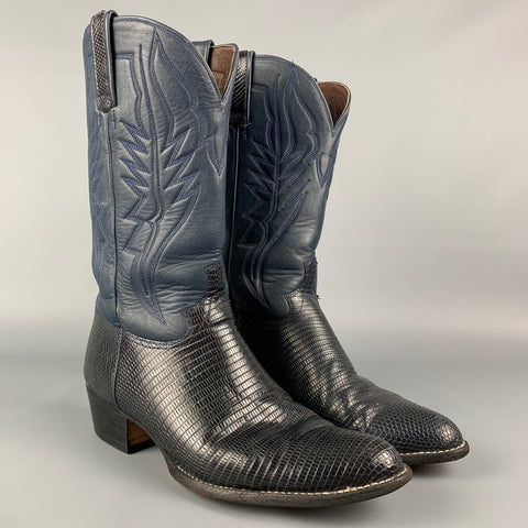 CUSTOM MADE Taille 10 Bottes western en cuirs mélangés bleu et marine