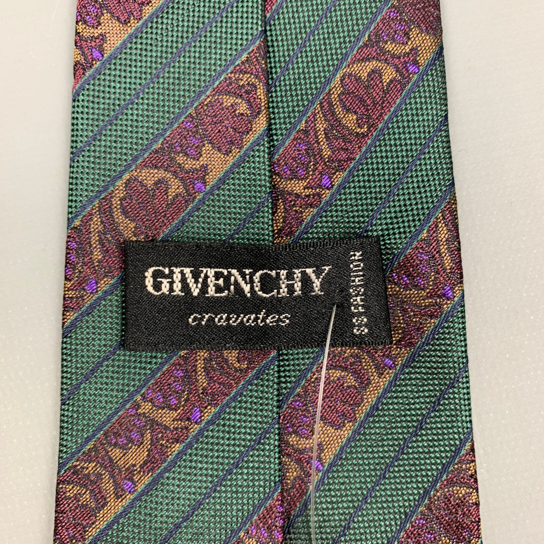 Vintage GIVENCHY Dark Green & Purple Diagonal Stripe Silk Tie