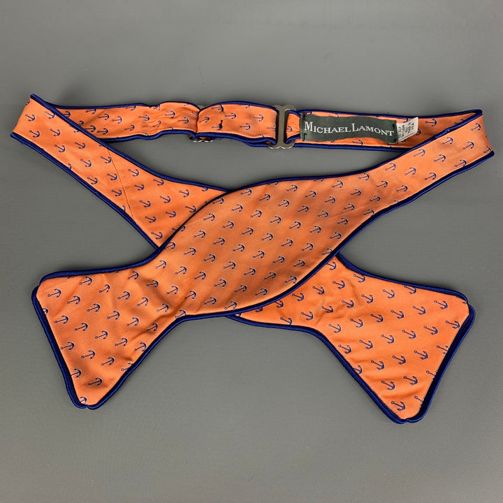 MICHAEL LAMONT Orange Navy Anchor Silk Adjustable Bow Tie
