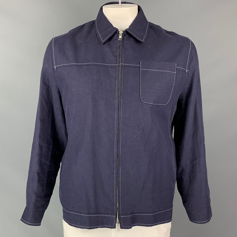 OLIVER SPENCER Size 44 Blue Contrast Stitch Linen Zip Jacket
