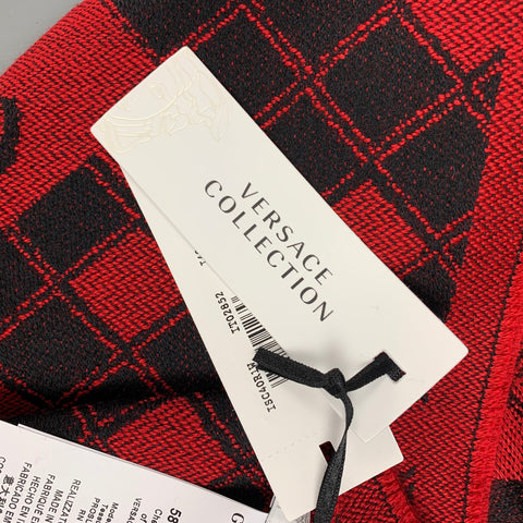 VERSACE COLLECTION Red & Black Diamond Wool Blend Frineg Scarf