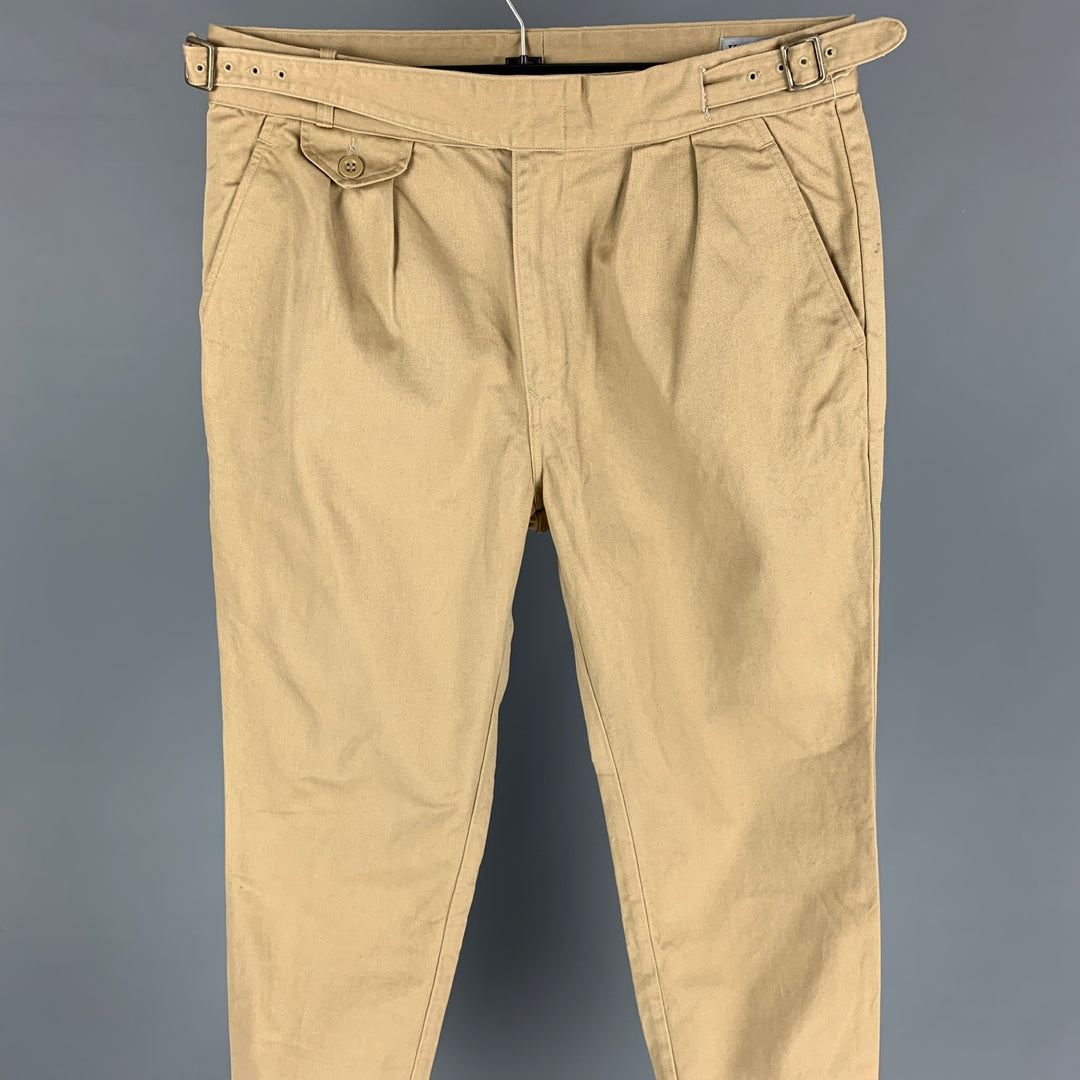 KENNETH FIELD Pantalones casuales con lengüetas laterales de algodón color caqui Talla L