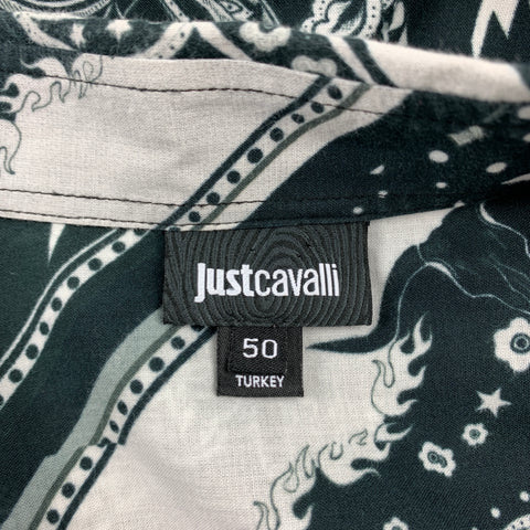 JUST CAVALLI Size M Black & White Print Cotton Button Up Long Sleeve Shirt
