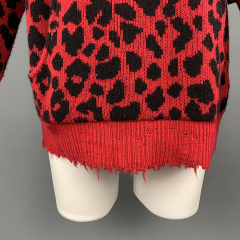 R13 Size XS Red & Black Leopard  Print Cashmere Oversized Distressed Hooded Sweater