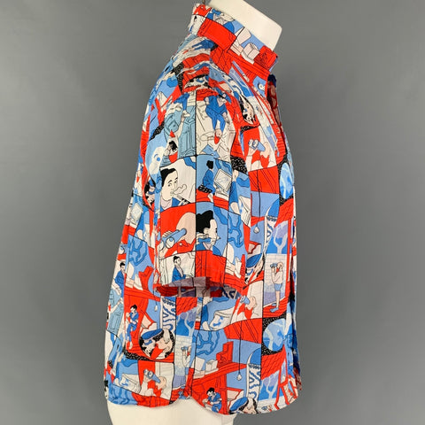 PRADA SS 18 Comic Collection Size S Red Blue Graphic Cotton Short Sleeve Shirt
