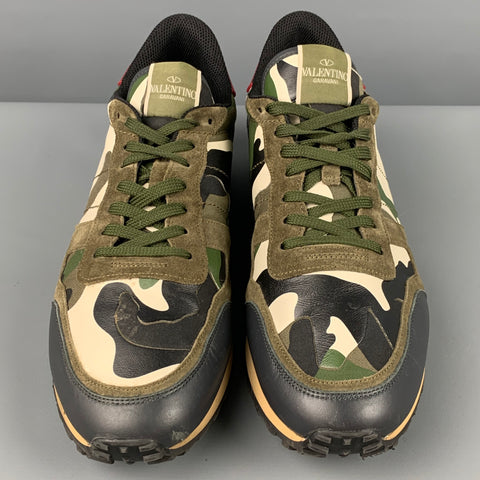 VALENTINO Size 12 Olive Multi-Color Camo Leather Rockrunner Sneakers