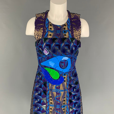 PETER PILOTTO Size 8 Purple Blue Polyester Embroidered Sleeveless Cocktail Dress