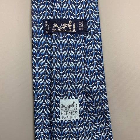 HERMES 7759 FA Navy & Blue Print Silk Tie
