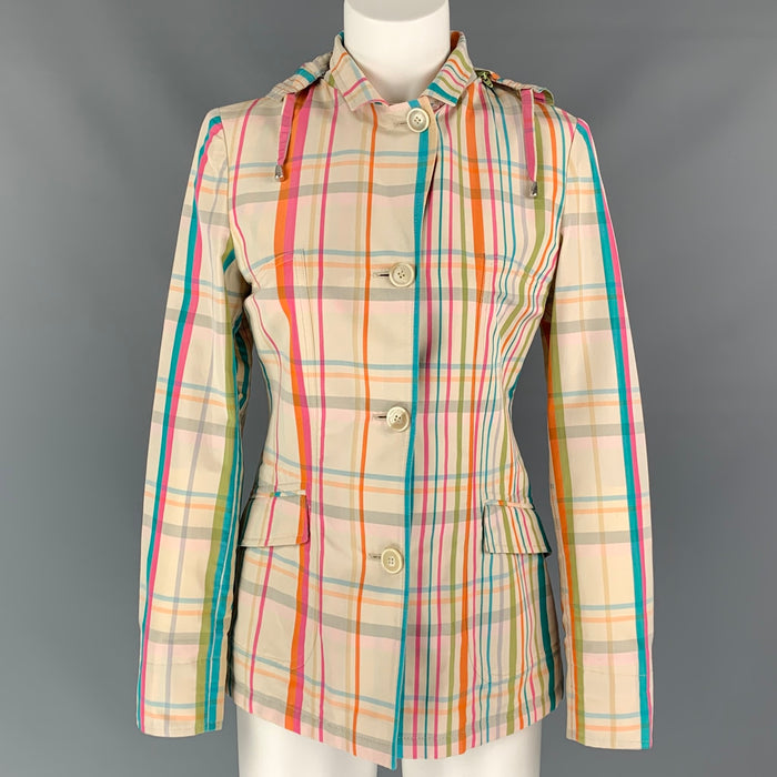 LORO PIANA Size 4  Multi-color Plaid Cotton / Silk Detachable Hood Jacket