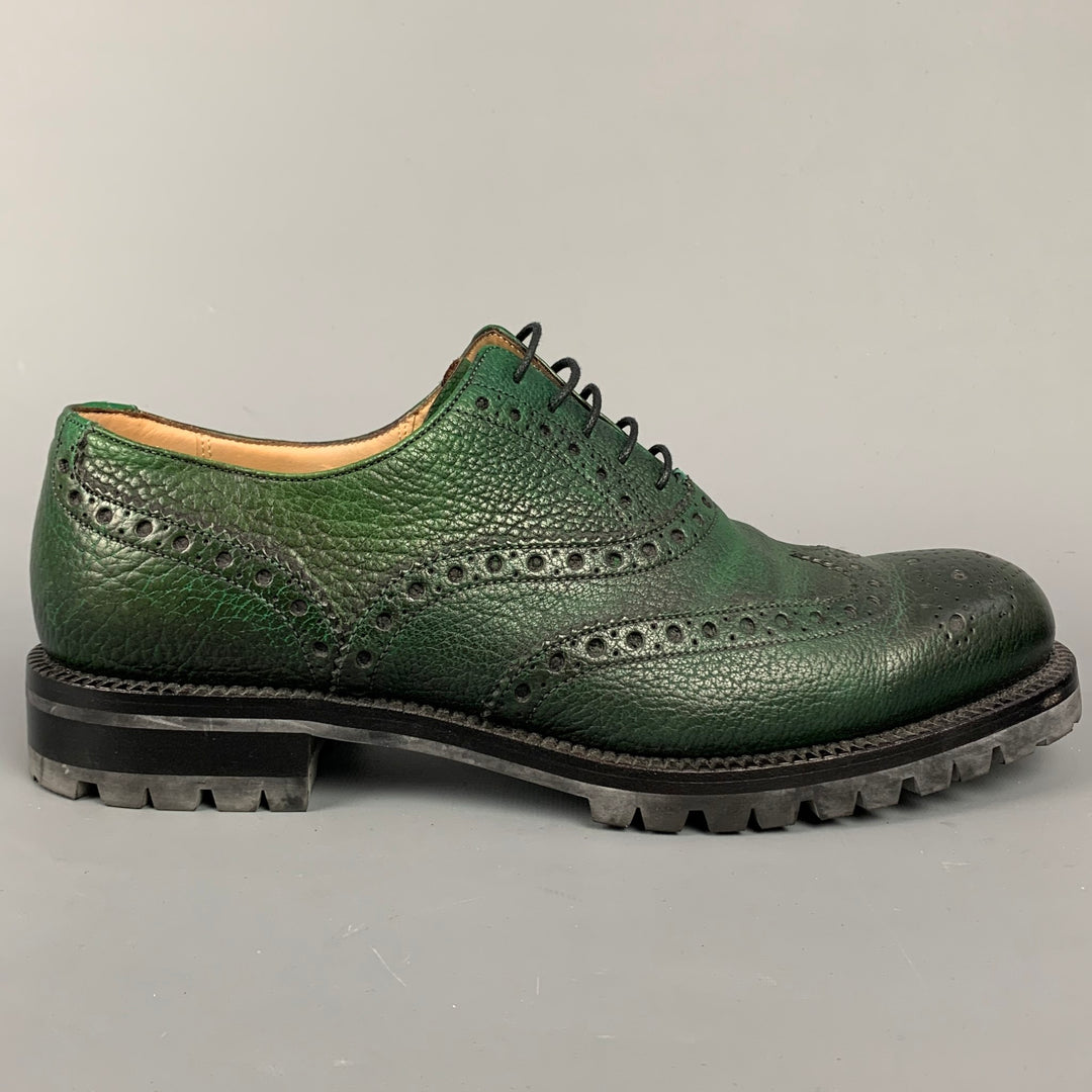 BALLY Bindy Size 10 Green Perforated Leather Wingtip Lace Up Shoes
