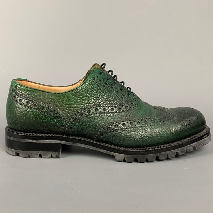 BALLY Bindy Size 10 Green Perforated Leather Wingtip Lace Up Shoes