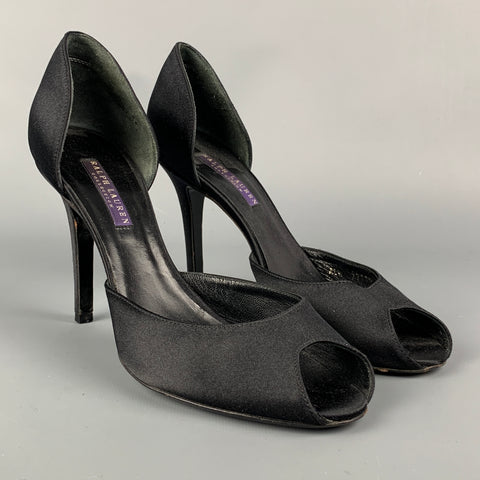 RALPH LAUREN Collection Size 9 Black Silk Open Toe Pumps