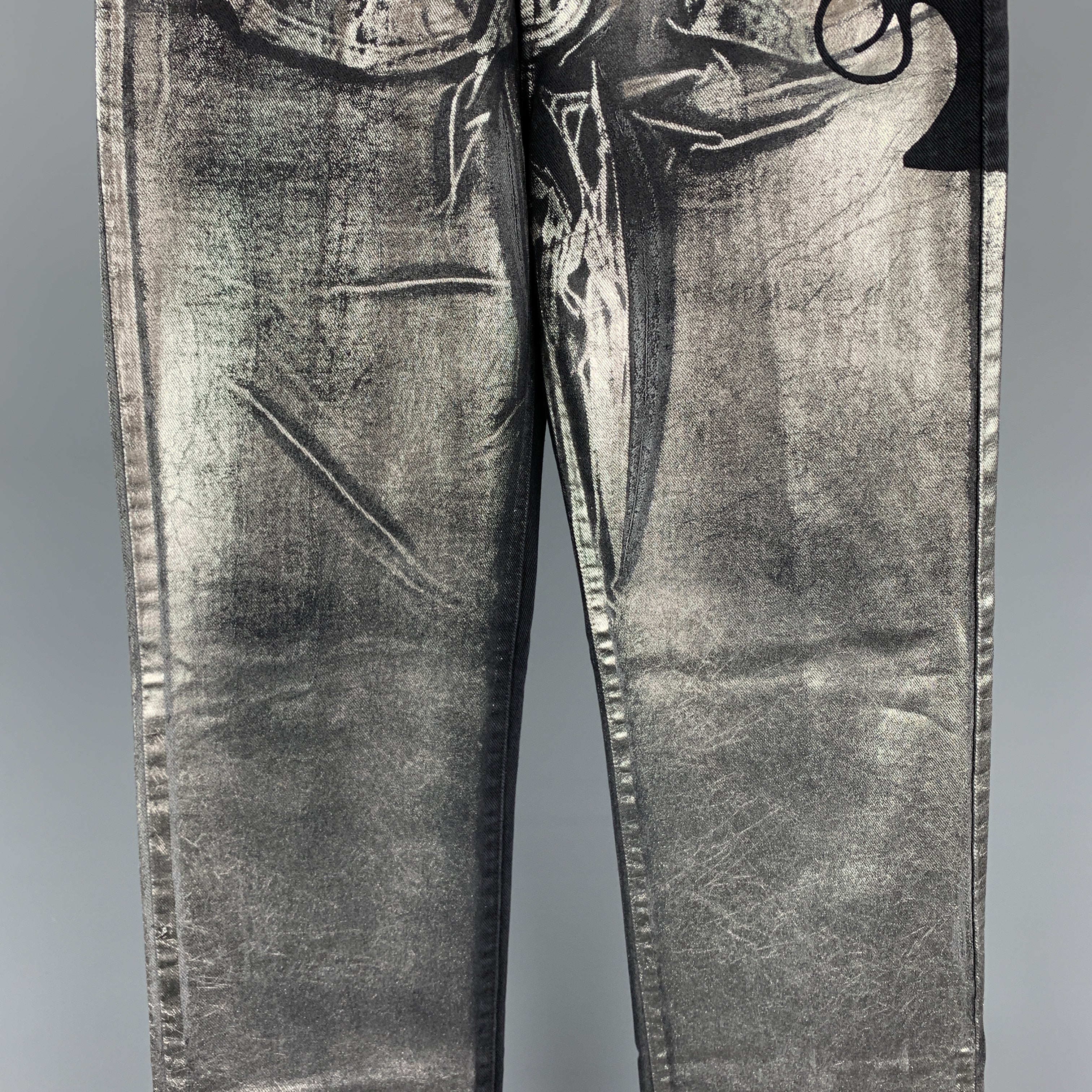 JUST CAVALLI Size 30 Black & Silver Metallic Painted Denim Pistol