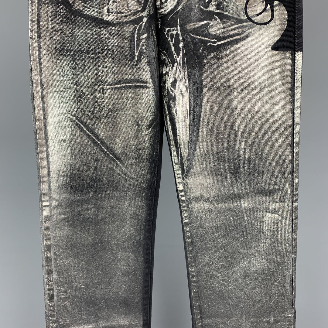 JUST CAVALLI Size 30 Black & Silver Metallic Painted Denim Pistol Jeans
