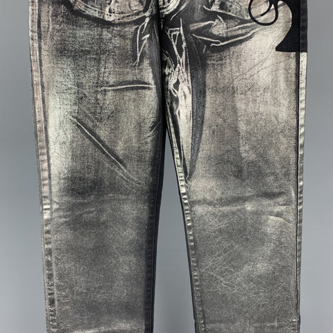 JUST CAVALLI Size 30 Black & Silver Metallic Painted Denim Pistol Jeans