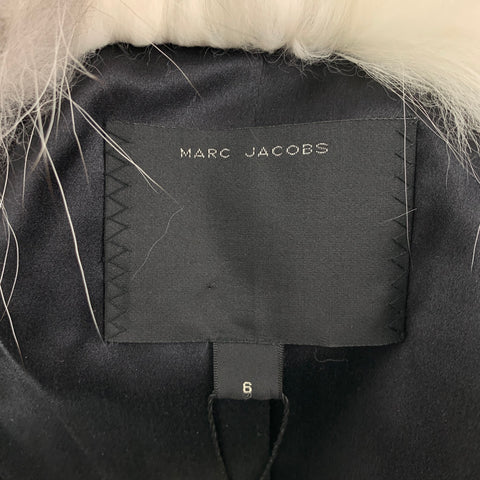 MARC JACOBS Talla 6 Chaqueta corta con cuello de piel de zorro en mezcla de lana plateada y negra