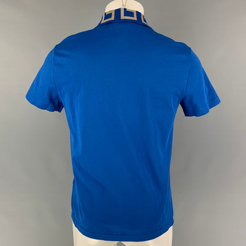 VERSACE Size S Blue Gold Embroidery Polyester Viscose Greca Short Sleeve Polo
