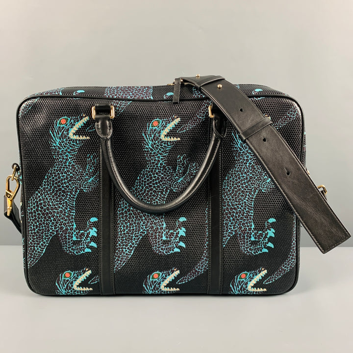 PAUL SMITH Black Blue Dino Print Coated Canvas Laptop Bag