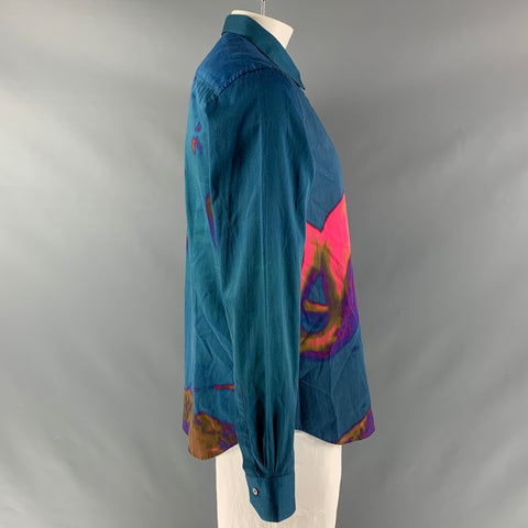 PAUL SMITH Size XXL Blue &  Fuchsia Abstract Cotton Button Down Long Sleeve Shirt