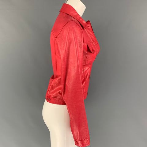 JIL SANDER Size 6 Red Leather Trucker Jacket