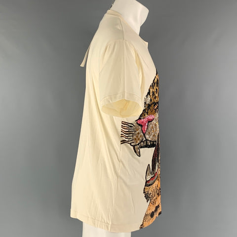 GUCCI Size XXS Beige Multi-Color Embroidery Cotton Crew-Neck T-shirt