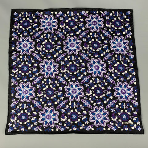 TOM FORD Black Purple White Abstract Floral Silk Pocket Square