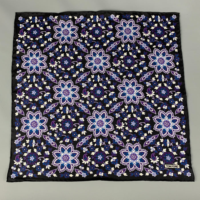 TOM FORD Black Purple White Abstract Floral Silk Pocket Square