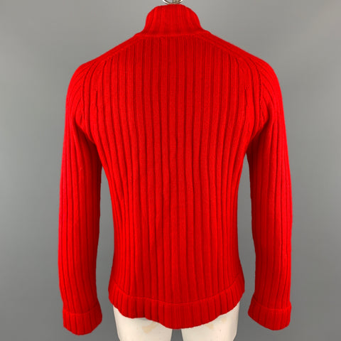 MOSCHINO Size XL Red Ribbed Cashmere High Collar Slit Pockets Zip Up Pullover Sweater