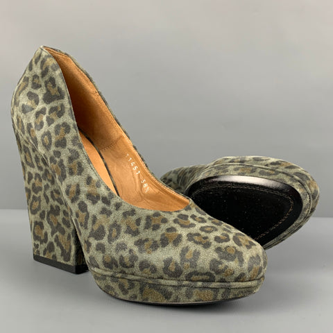 DRIES VAN NOTEN Size 8.5 Moss Brown Suede Animal Print Platform Pumps