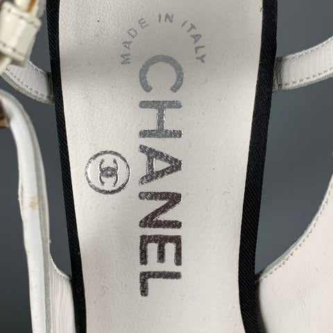CHANEL Size 6 Cream Black Acetate Color Block Slingback Pumps