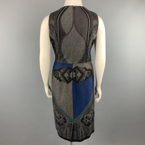 ETRO Talla 12 Vestido recto drapeado sin mangas de mezcla de lana estampada gris