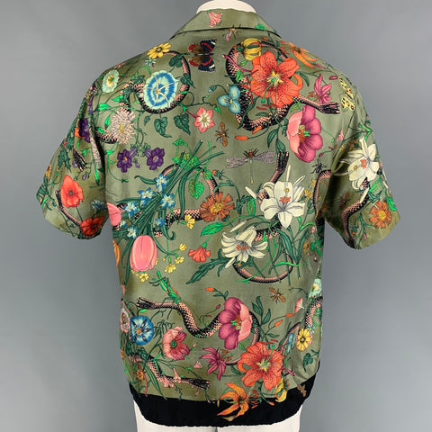 GUCCI Size L Multi-Color Print Silk Camp Short Sleeve Shirt